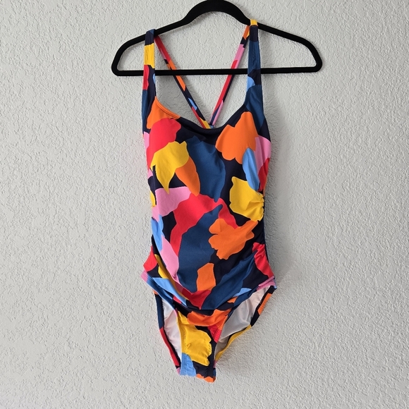 Nautica L Colorful One Piece Swimsuit Open Back Criss Cross Adjustable Strap - Picture 1 of 7